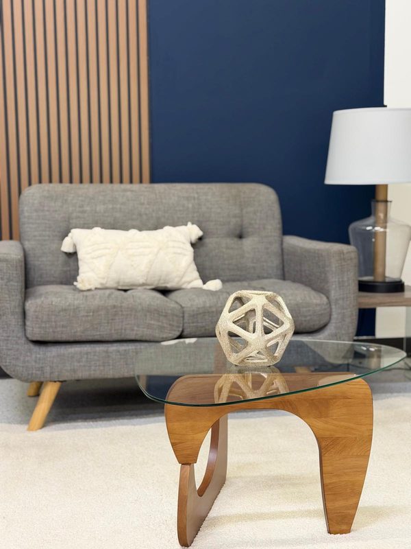 Grey sofa wood table